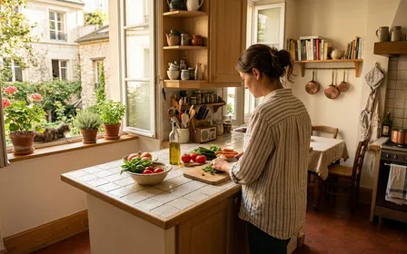 Cuisine française d'appartement de fin d'après-midi d'été avec plan de travail carrelé clair, plinthes en bois propre et lumière naturelle chaude, ambiance domestique ordonnée sans nuisible visible