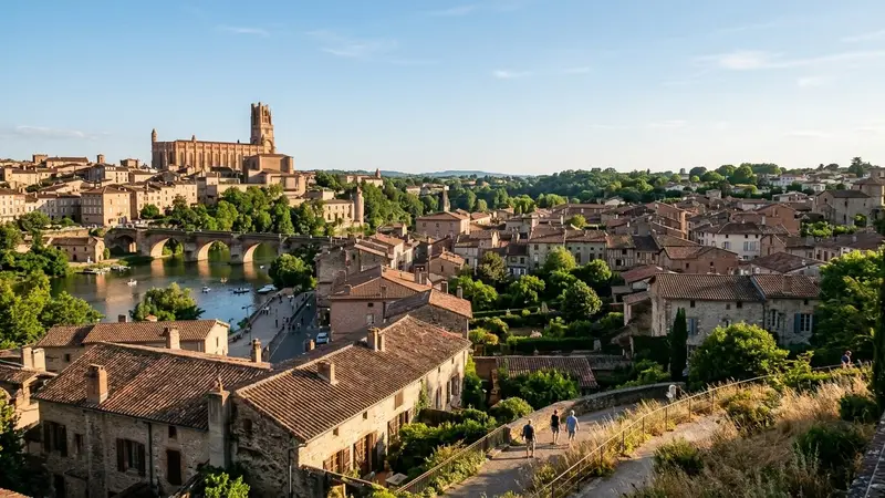 Vue générale d'une ville française du Sud-Ouest en été avec toits en tuiles rouges et arbres verts, ciel dégagé de fin d'après-midi ensoleillée, ambiance urbaine calme
