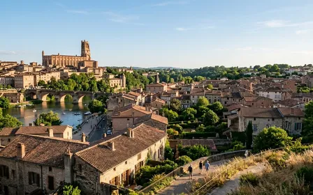 Vue générale d'une ville française du Sud-Ouest en été avec toits en tuiles rouges et arbres verts, ciel dégagé de fin d'après-midi ensoleillée, ambiance urbaine calme
