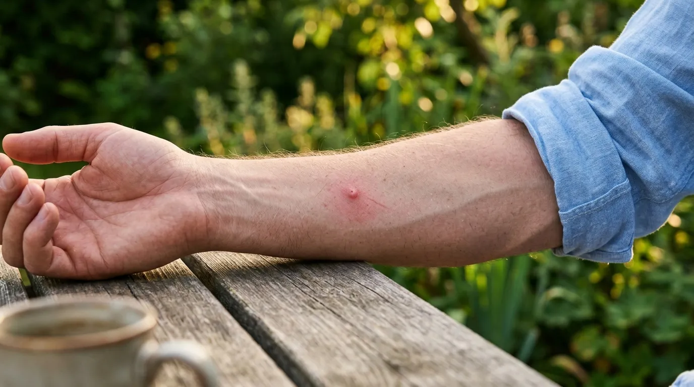 Main d'adulte avec piqûre de moustique rouge et gonflée sur l'avant-bras au coucher du soleil dans un jardin d'été français