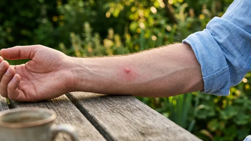 Main d'adulte avec piqûre de moustique rouge et gonflée sur l'avant-bras au coucher du soleil dans un jardin d'été français
