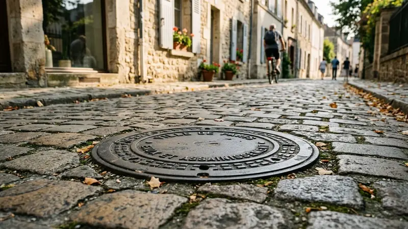 Bouche d'égout française classique en pierre grise dans une rue pavée d'été, ambiance urbaine calme de fin d'après-midi ensoleillée avec quelques feuilles au sol, sans animal visible