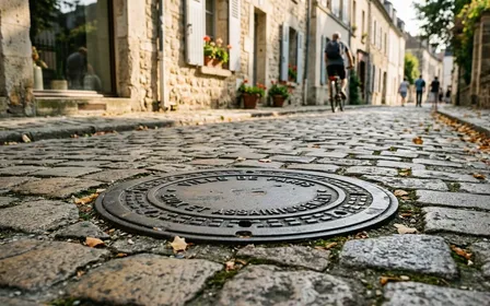 Bouche d'égout française classique en pierre grise dans une rue pavée d'été, ambiance urbaine calme de fin d'après-midi ensoleillée avec quelques feuilles au sol, sans animal visible
