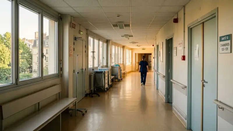 Couloir d'hôpital français calme en fin d'après-midi d'été avec sol clair et lumière naturelle traversante, ambiance médicale sobre et discrète sans personnel visible