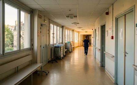 Couloir d'hôpital français calme en fin d'après-midi d'été avec sol clair et lumière naturelle traversante, ambiance médicale sobre et discrète sans personnel visible