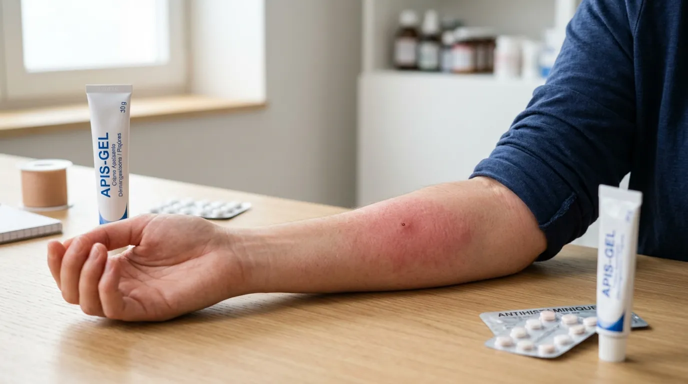 Bras d'adulte présentant un large gonflement allergique rouge et inflammatoire à la suite de piqûres de moustiques avec trousse de pharmacie en arrière-plan