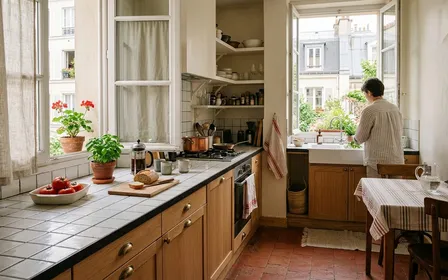 Cuisine française d'appartement de fin d'après-midi d'été avec plan de travail carrelé blanc, plinthes en bois clair propre et lumière naturelle traversante, ambiance domestique ordonnée et sans nuisible visible
