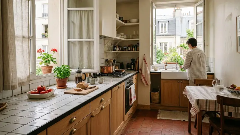 Cuisine française d'appartement de fin d'après-midi d'été avec plan de travail carrelé blanc, plinthes en bois clair propre et lumière naturelle traversante, ambiance domestique ordonnée et sans nuisible visible