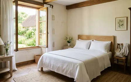 Chambre à coucher française d'été avec draps blancs propres bien tirés sur un lit double, tête de lit en bois clair et lumière naturelle douce de matinée, ambiance domestique calme et ordonnée