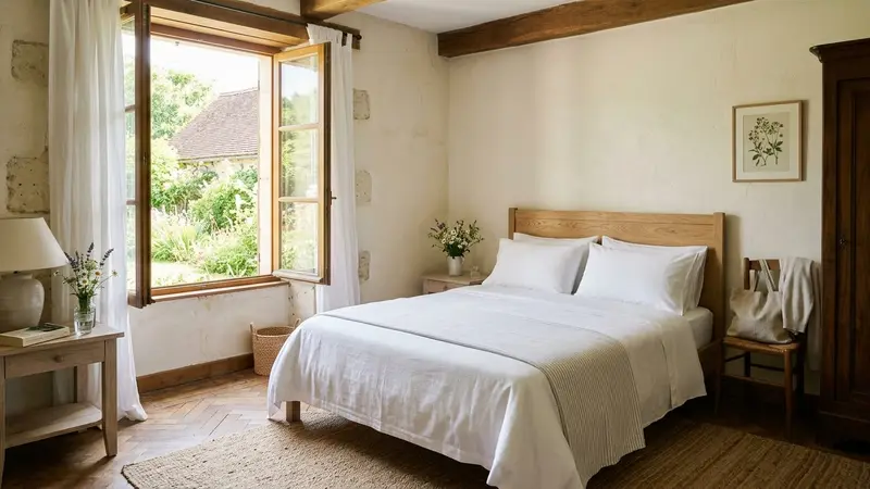 Chambre à coucher française d'été avec draps blancs propres bien tirés sur un lit double, tête de lit en bois clair et lumière naturelle douce de matinée, ambiance domestique calme et ordonnée