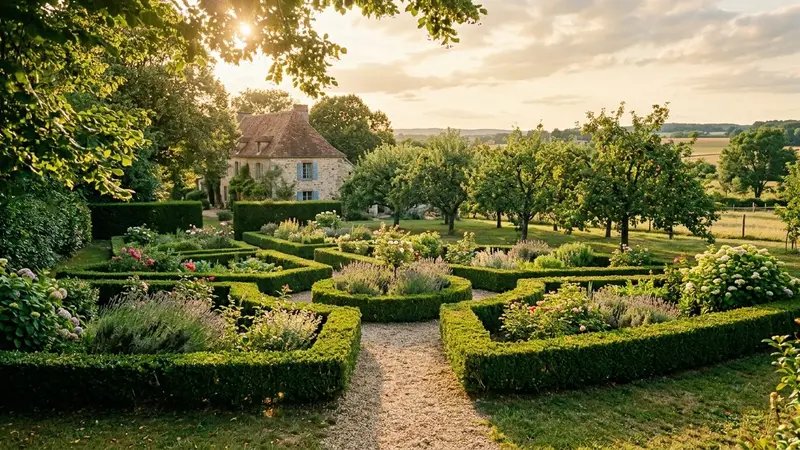 Jardin français d'été en fin d'après-midi avec haie taillée et pommier en arrière-plan, ambiance rurale calme sans insecte visible sous une lumière chaude filtrée par le feuillage