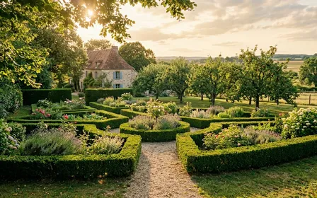 Jardin français d'été en fin d'après-midi avec haie taillée et pommier en arrière-plan, ambiance rurale calme sans insecte visible sous une lumière chaude filtrée par le feuillage