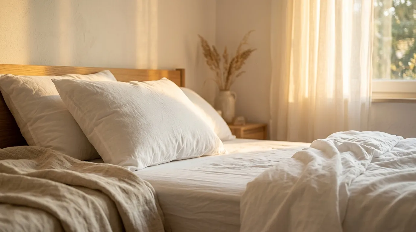 Chambre à coucher claire avec lit blanc et lumière douce de canicule d'été traversant les rideaux blancs sur le matelas et l'oreiller