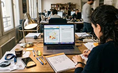 Bureau de journaliste français avec ordinateur portable ouvert sur carte de France en écran divisé, cahier ouvert avec notes prises à la main et lampe allumée, ambiance calme professionnelle en fin de matinée