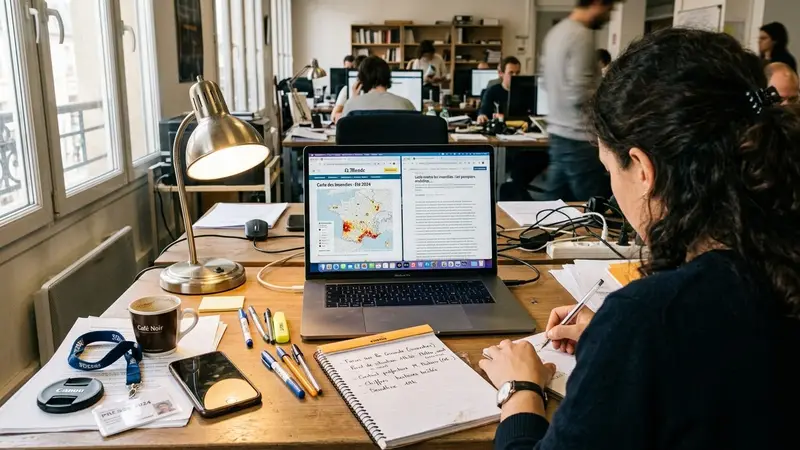 Bureau de journaliste français avec ordinateur portable ouvert sur carte de France en écran divisé, cahier ouvert avec notes prises à la main et lampe allumée, ambiance calme professionnelle en fin de matinée