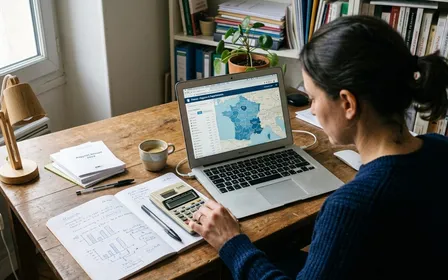 Bureau de travail français avec calculatrice, cahier ouvert avec graphiques et carte de France affichée à l'écran d'ordinateur, ambiance sobre professionnelle avec lumière naturelle de fin de matinée