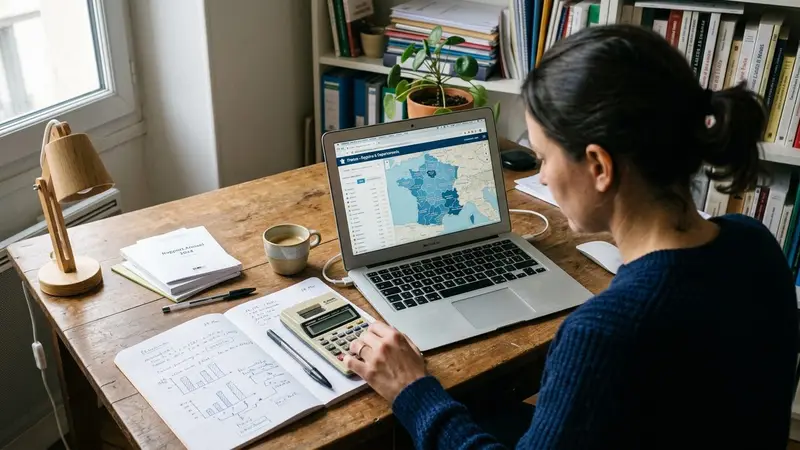 Bureau de travail français avec calculatrice, cahier ouvert avec graphiques et carte de France affichée à l'écran d'ordinateur, ambiance sobre professionnelle avec lumière naturelle de fin de matinée