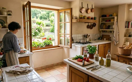 Cuisine française domestique de fin de matinée d'été avec plan de travail carrelé blanc, sol propre en carreaux clairs et fenêtre ouverte sur jardin ensoleillé, ambiance ordonnée sans insecte visible