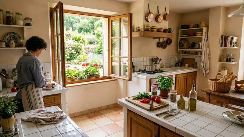 Cuisine française domestique de fin de matinée d'été avec plan de travail carrelé blanc, sol propre en carreaux clairs et fenêtre ouverte sur jardin ensoleillé, ambiance ordonnée sans insecte visible