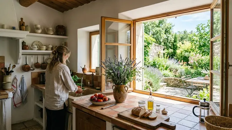 Cuisine française d'été avec fenêtre grande ouverte sur jardin verdoyant, plan de travail carrelé clair et bouquet de lavandin dans un vase, ambiance domestique calme sans insecte visible
