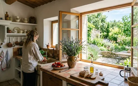 Cuisine française d'été avec fenêtre grande ouverte sur jardin verdoyant, plan de travail carrelé clair et bouquet de lavandin dans un vase, ambiance domestique calme sans insecte visible
