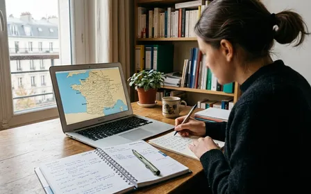 Bureau de travail français avec agenda ouvert, stylo posé et carte de France affichée à l'écran d'ordinateur portable, ambiance sobre professionnelle avec lumière chaude de fin de matinée