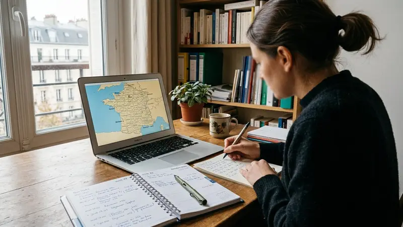Bureau de travail français avec agenda ouvert, stylo posé et carte de France affichée à l'écran d'ordinateur portable, ambiance sobre professionnelle avec lumière chaude de fin de matinée