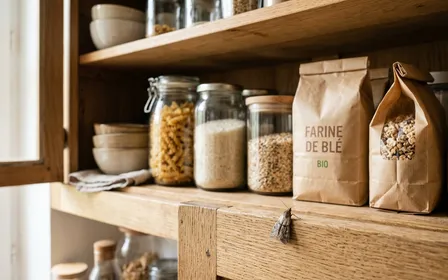 Placard de cuisine ouvert montrant des paquets de pâtes et de farine sur une étagère en bois clair avec une mite alimentaire en gros plan