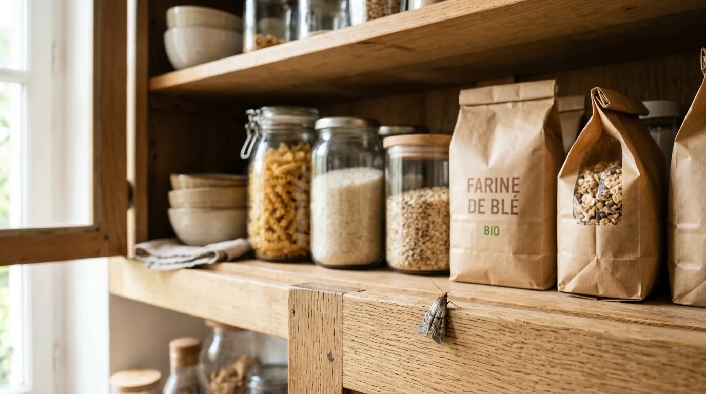 Placard de cuisine ouvert montrant des paquets de pâtes et de farine sur une étagère en bois clair avec une mite alimentaire en gros plan