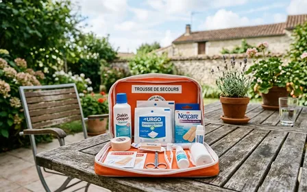 Trousse de secours française ouverte sur une table de jardin en été avec pansements, désinfectant et compresses posés, ambiance calme de fin de matinée sans insecte visible