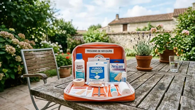 Trousse de secours française ouverte sur une table de jardin en été avec pansements, désinfectant et compresses posés, ambiance calme de fin de matinée sans insecte visible