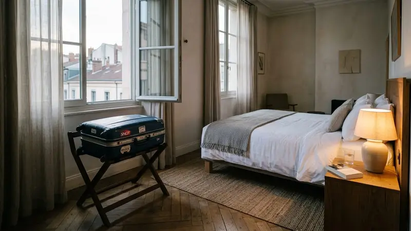 Valise de voyage rigide posée sur un porte-bagage en hauteur dans une chambre d'hôtel française claire, avec lit fait au fond et lampe de chevet allumée, ambiance sobre calme de fin de journée