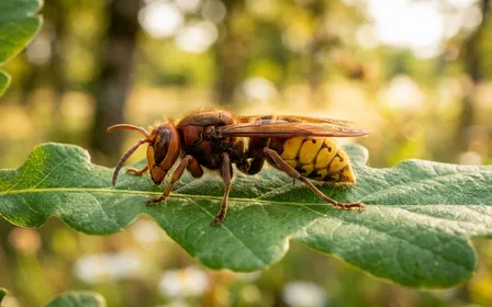 Frelon européen Vespa crabro en gros plan posé sur une feuille verte dans un verger ensoleillé d'été français, ailes translucides visibles