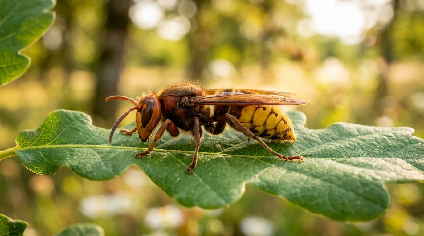 Frelon européen Vespa crabro en gros plan posé sur une feuille verte dans un verger ensoleillé d'été français, ailes translucides visibles