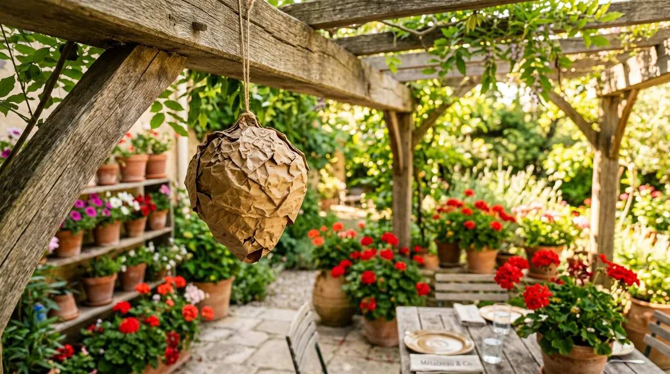 Sachet leurre anti-guêpes en papier kraft brun suspendu à une pergola en bois sur une terrasse fleurie en été