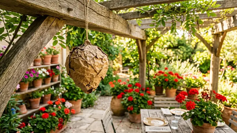 Sachet leurre anti-guêpes en papier kraft brun suspendu à une pergola en bois sur une terrasse fleurie en été