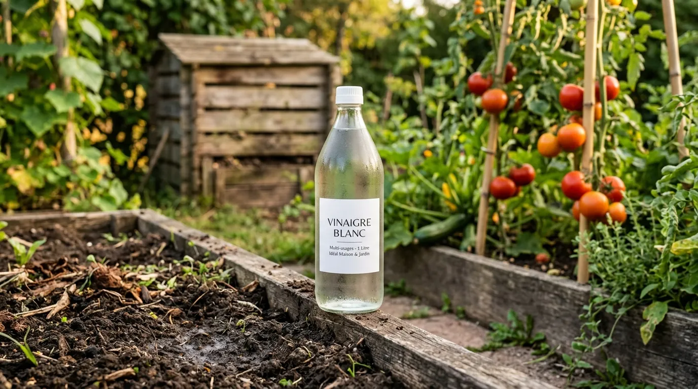 Flacon de vinaigre blanc d'1 litre posé sur une terre de jardin avec composteur en bois et abri à oiseaux flou en arrière-plan