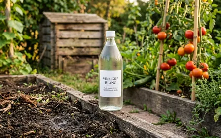 Flacon de vinaigre blanc d'1 litre posé sur une terre de jardin avec composteur en bois et abri à oiseaux flou en arrière-plan