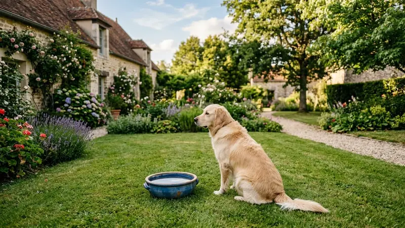Chien de race moyenne au poil clair assis calmement sur une pelouse tondue à côté d'une gamelle d'eau, ambiance paisible d'après-midi ensoleillé dans un jardin français