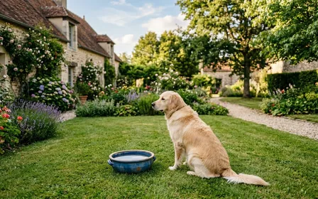 Chien de race moyenne au poil clair assis calmement sur une pelouse tondue à côté d'une gamelle d'eau, ambiance paisible d'après-midi ensoleillé dans un jardin français