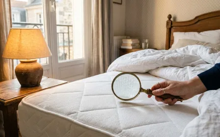 Loupe de main tenue au-dessus d'un matelas blanc dans une chambre française claire, à côté d'une lampe de chevet allumée, ambiance sobre lumière chaude de fin de journée