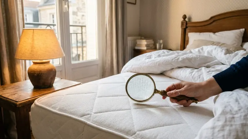 Loupe de main tenue au-dessus d'un matelas blanc dans une chambre française claire, à côté d'une lampe de chevet allumée, ambiance sobre lumière chaude de fin de journée