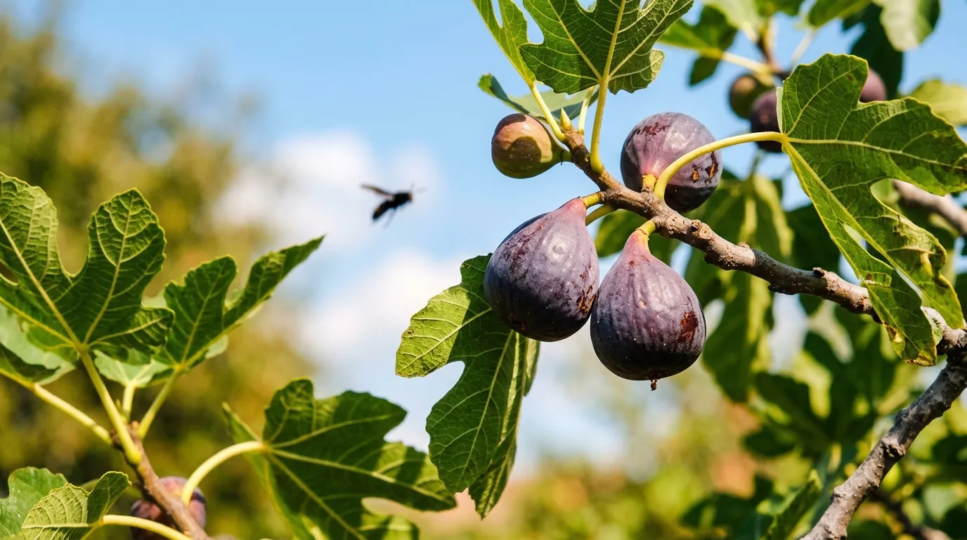 Figues mûres pendues à un figuier en plein soleil d'été avec un frelon asiatique flou en vol à proximité