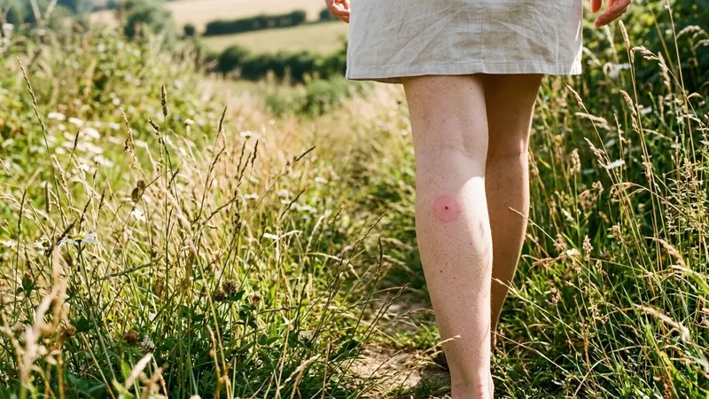 Vue rapprochée d'une jambe française avec une petite marque rouge cerclée sur la peau claire, en extérieur près d'herbes hautes, lumière naturelle de fin de matinée en été