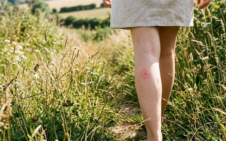 Vue rapprochée d'une jambe française avec une petite marque rouge cerclée sur la peau claire, en extérieur près d'herbes hautes, lumière naturelle de fin de matinée en été
