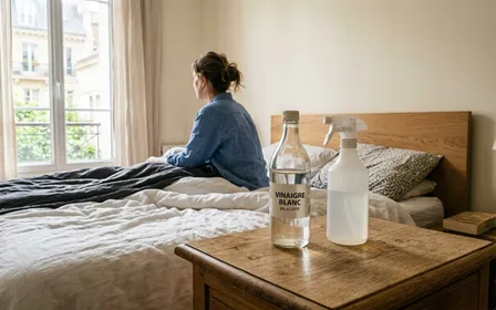 Bouteille de vinaigre blanc posée sur une table en bois clair à côté d'un lit fait et d'un vaporisateur transparent, ambiance sobre lumière naturelle de fin de matinée