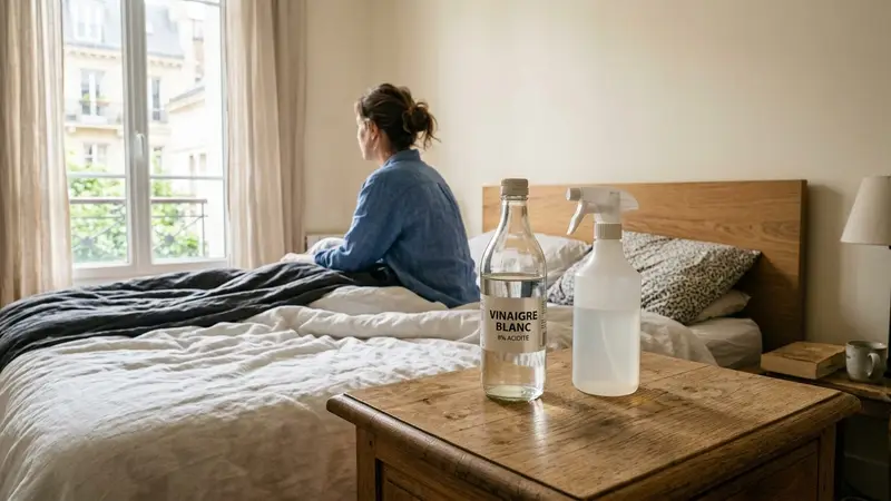 Bouteille de vinaigre blanc posée sur une table en bois clair à côté d'un lit fait et d'un vaporisateur transparent, ambiance sobre lumière naturelle de fin de matinée