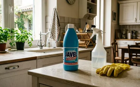 Bouteille de javel fermée posée sur un plan de travail de cuisine française claire à côté d'un vaporisateur et de gants ménagers, ambiance sobre lumière naturelle de fin de matinée