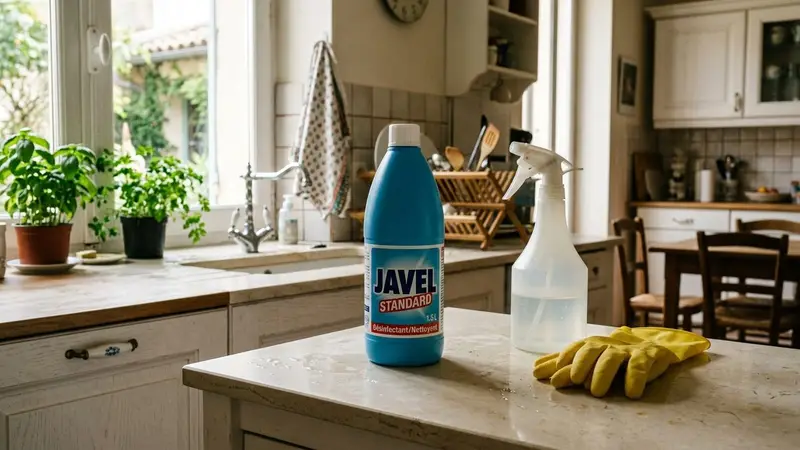 Bouteille de javel fermée posée sur un plan de travail de cuisine française claire à côté d'un vaporisateur et de gants ménagers, ambiance sobre lumière naturelle de fin de matinée