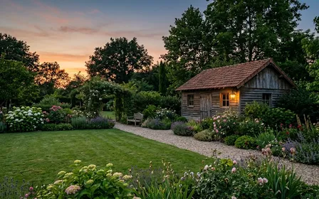Jardin français au crépuscule avec pelouse tondue, abri de jardin en bois et lampe extérieure allumée en fond, ambiance calme de fin de journée d'été sans animal visible